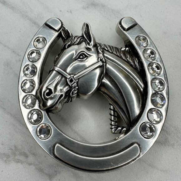 Nocona Rhinestone Horse Horseshoe Western Belt Buckle Silver Tone ✨ - Picture 1 of 16